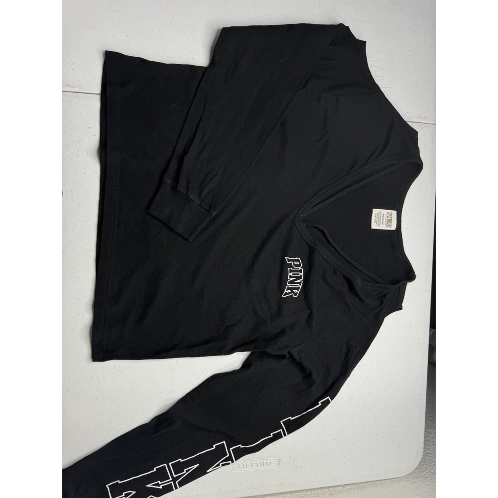 Victoria's Secret‎ PINK Black Cold Shoulder Long Sleeve V-Neck Logo Top Small